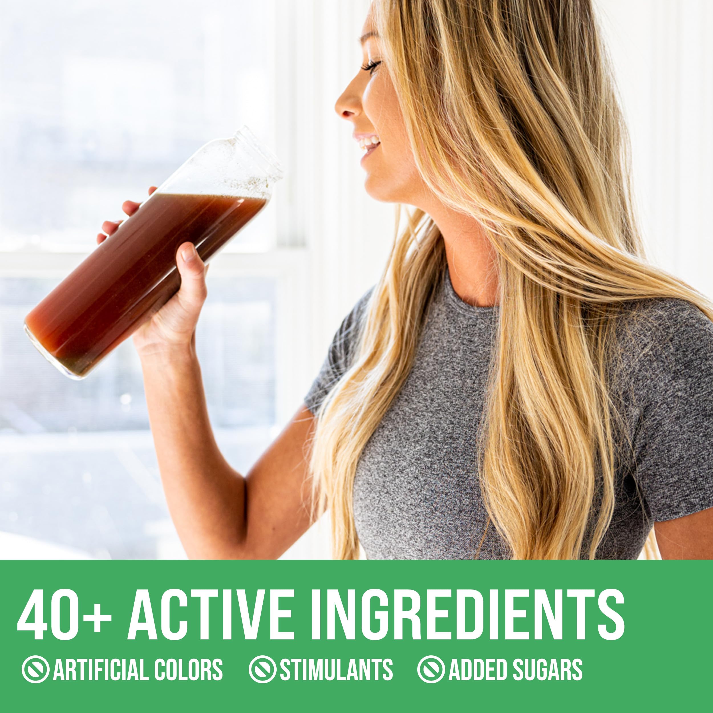 Rule 1 Fruits and Greens Powder ingredient closeup highlights kale, beet, and berries.