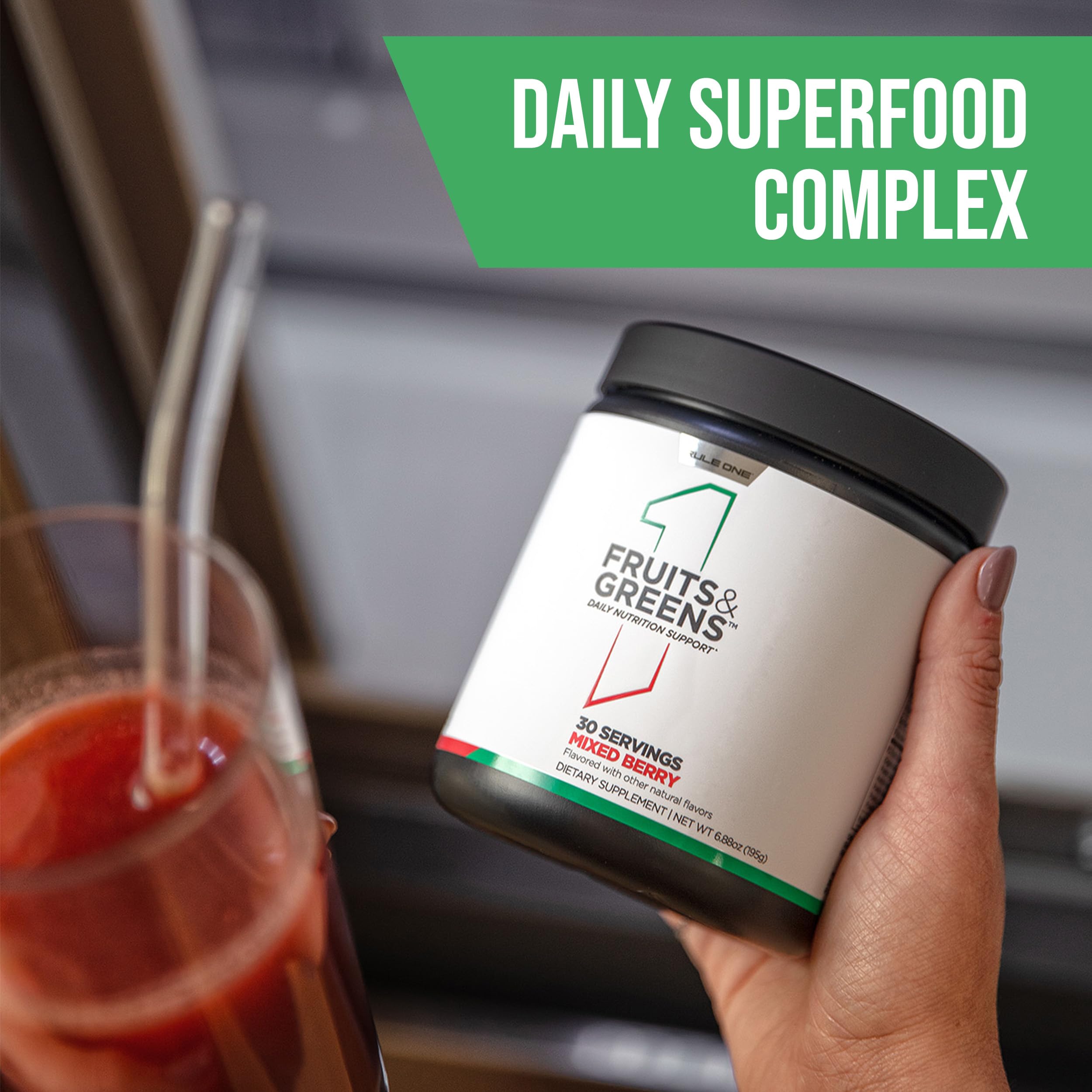 Rule 1 Fruits and Greens Powder measuring scoop closeup conveys natural flavors and snacking versatility.