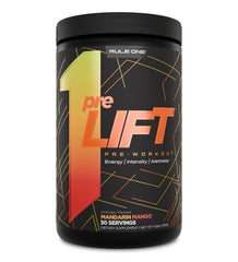 Rule 1 PreLIFT Mandarin Mango bottle ready for an energy-boosting workout