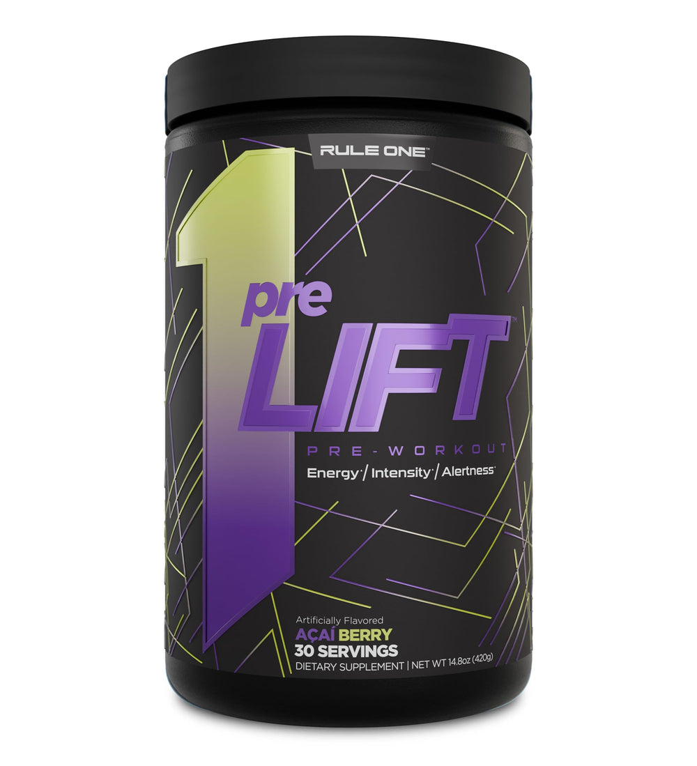 Rule 1 PreLIFT tub front showing energy-boosting pre-workout for workouts