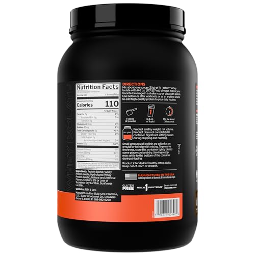 Scoop of Rule 1 Protein Whey Isolate beside a glass of water