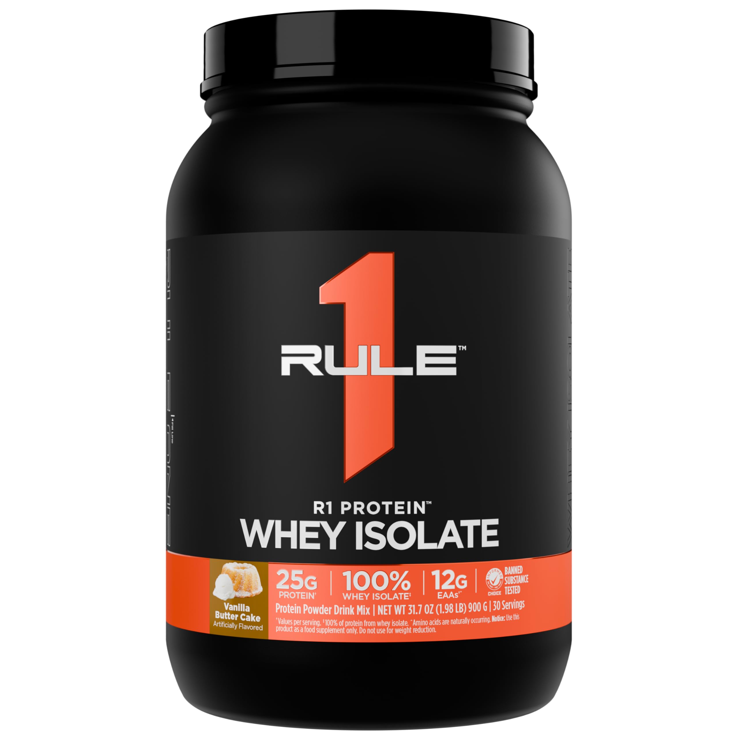 Rule 1 Protein Whey Isolate Vanilla Butter Cake tub for post-workout fueling