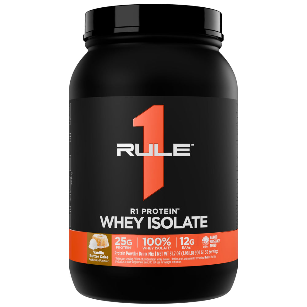 Rule 1 Protein Whey Isolate Vanilla Butter Cake tub for post-workout fueling