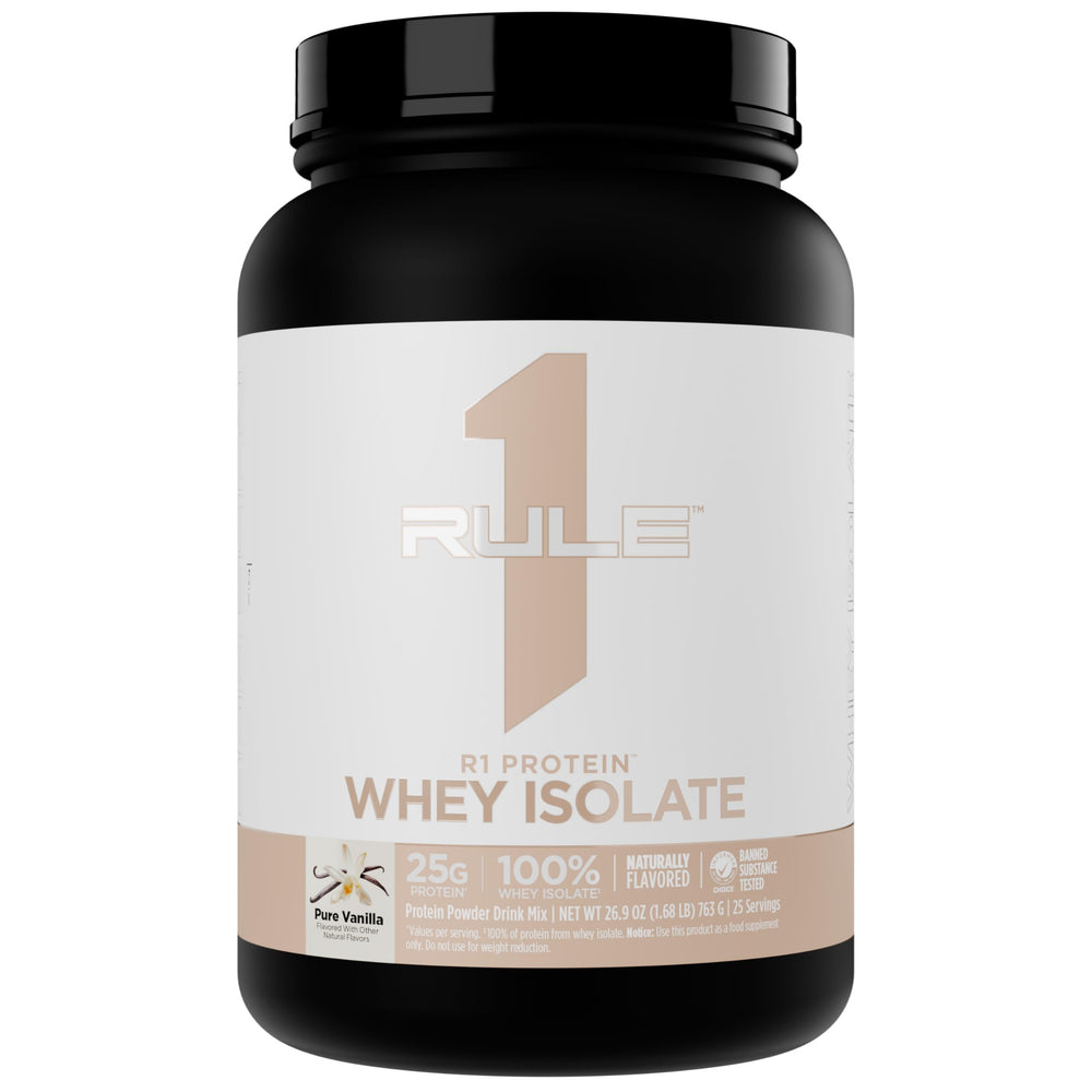 Rule 1 Proteins R1 Whey Isolate bottle front with pure vanilla aroma