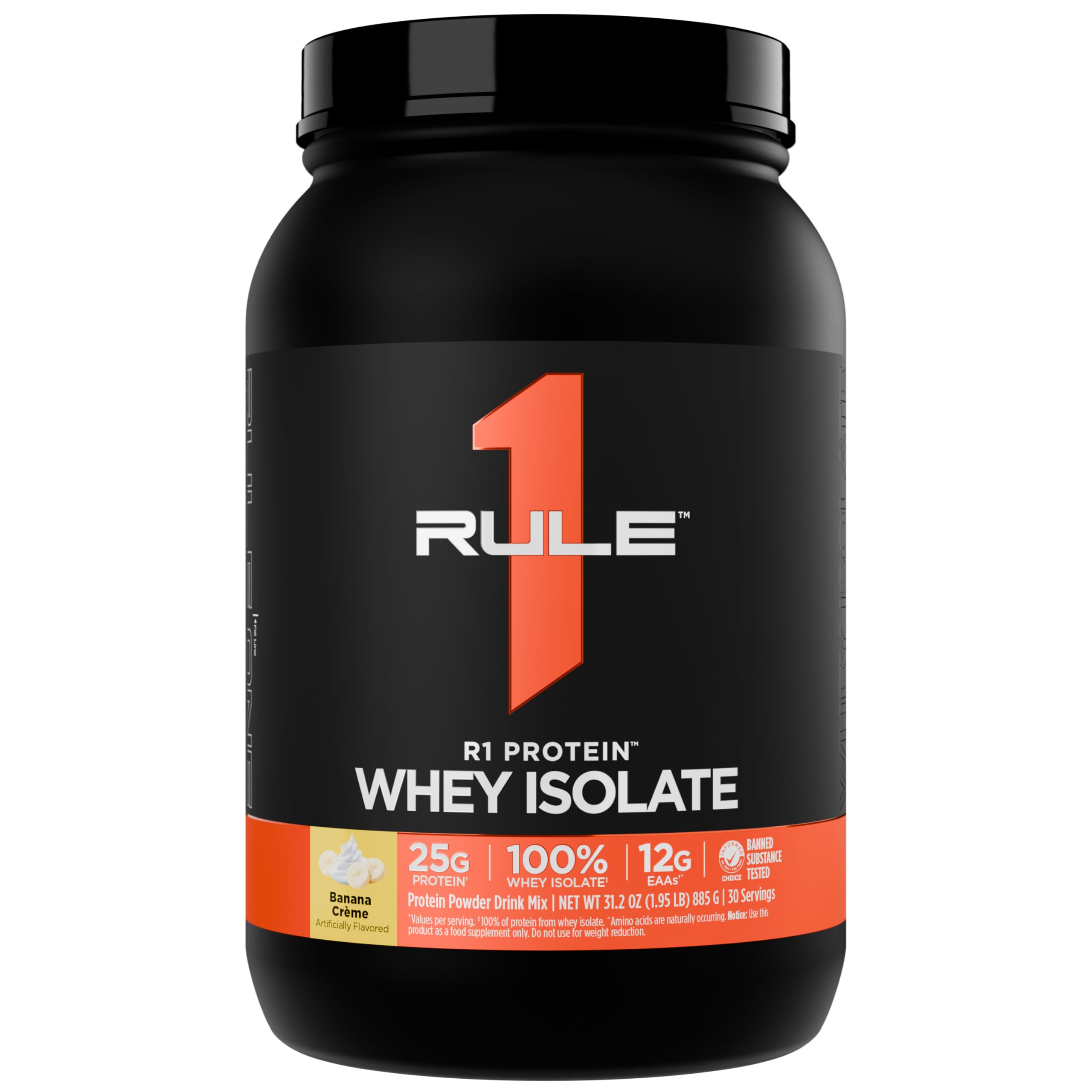 Rule 1 Proteins R1 Whey Isolate bottle on shelf for post-workout recovery