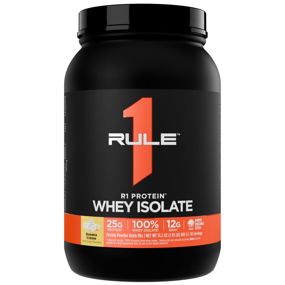 Rule 1 Proteins R1 Whey Isolate bottle on shelf for post-workout recovery