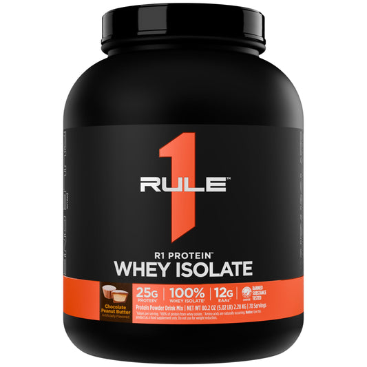 Rule 1 Proteins R1 Whey Isolate tub front view shows high protein, clean label