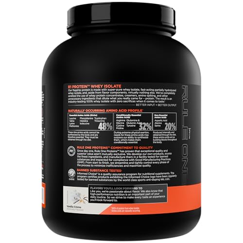 Rule 1 Proteins R1 Whey Isolate Vanilla Creme scoop and shaker for accurate dosing.