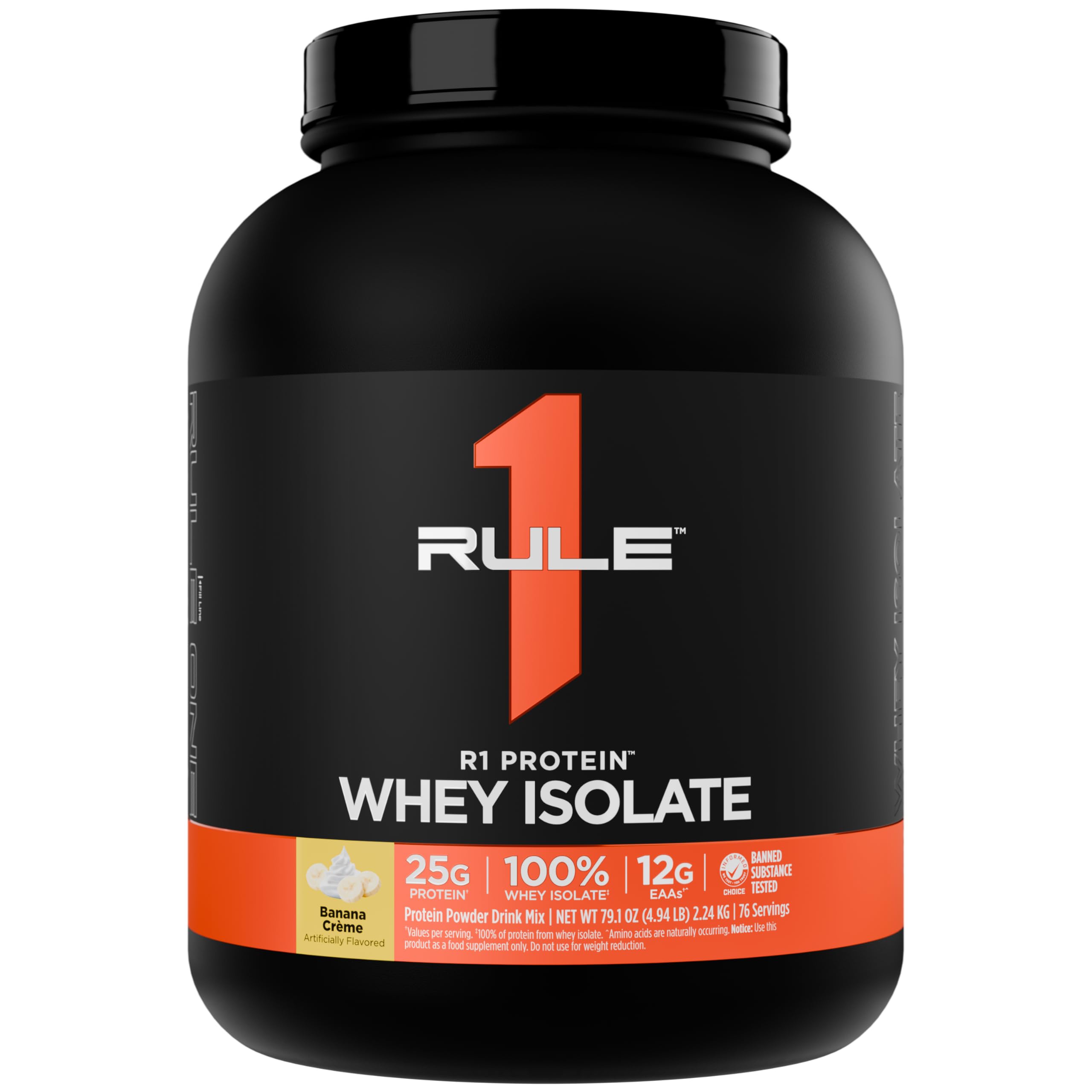 Rule 1 R1 Whey Isolate Banana Creme 5lb jar presented for post-workout protein.