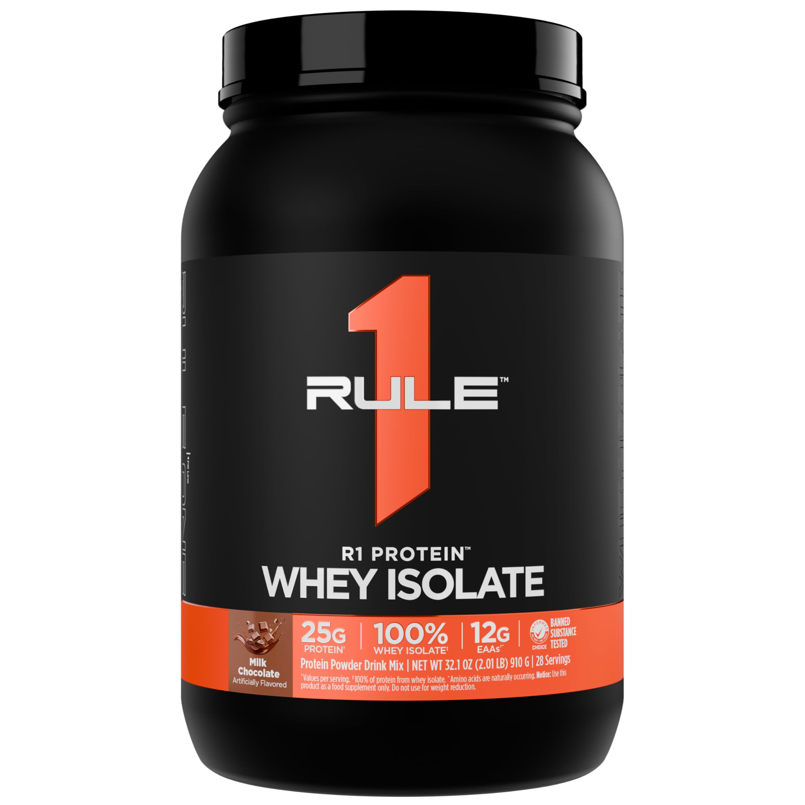 Rule 1 R1 Protein Whey Isolate bottle pour showing fast-acting protein for post-workout support