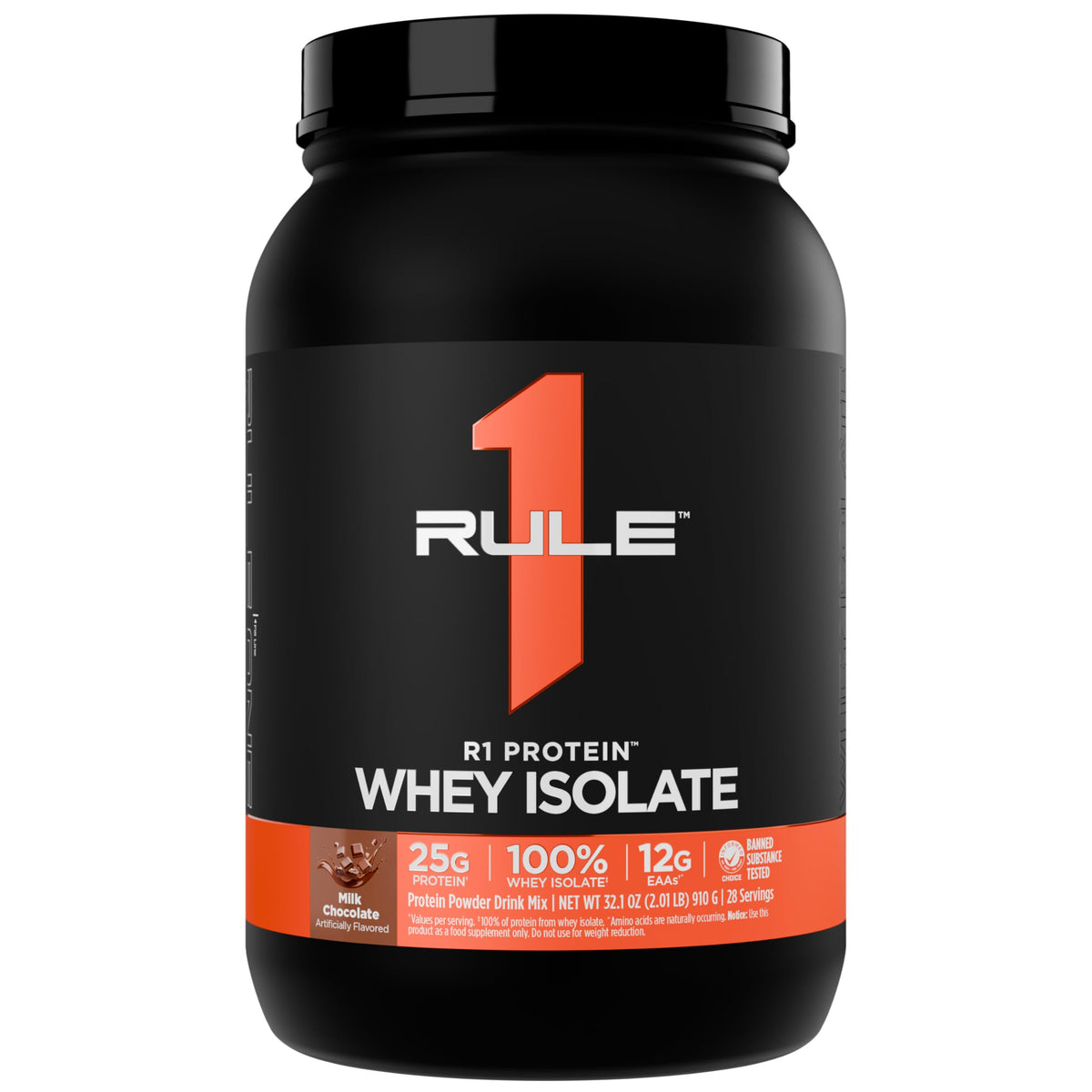 Rule 1 R1 Protein Whey Isolate bottle pour showing fast-acting protein for post-workout support