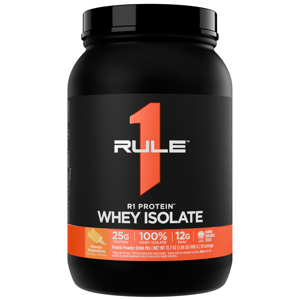 Rule 1 R1 Protein Whey Isolate bottle ready for a quick post-workout shake.