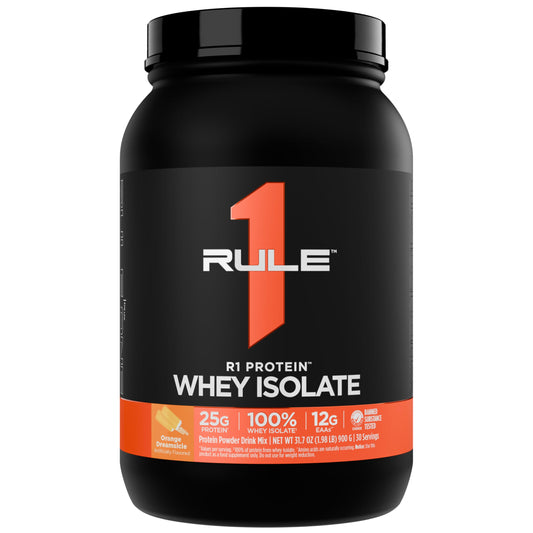 Rule 1 R1 Protein Whey Isolate bottle ready for a quick post-workout shake.