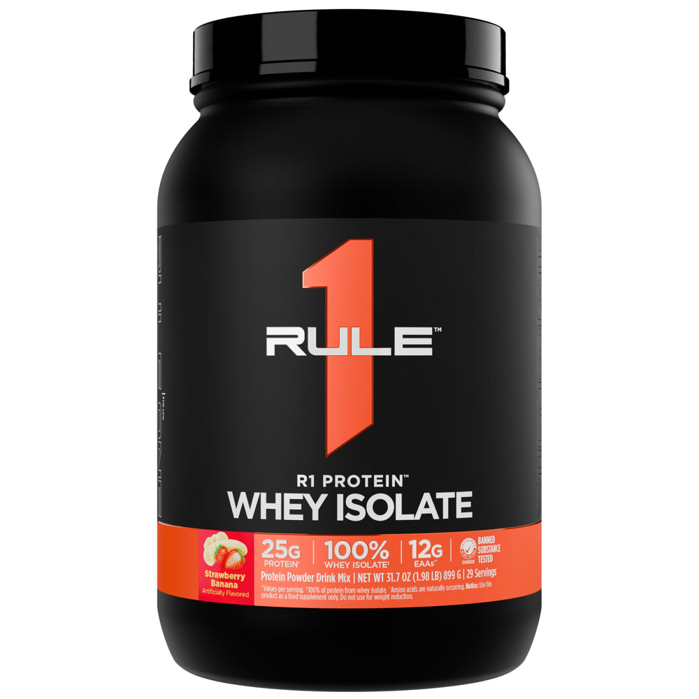 Rule-1 R1 Protein Whey Isolate bottle shows purity and fast-absorbing protein