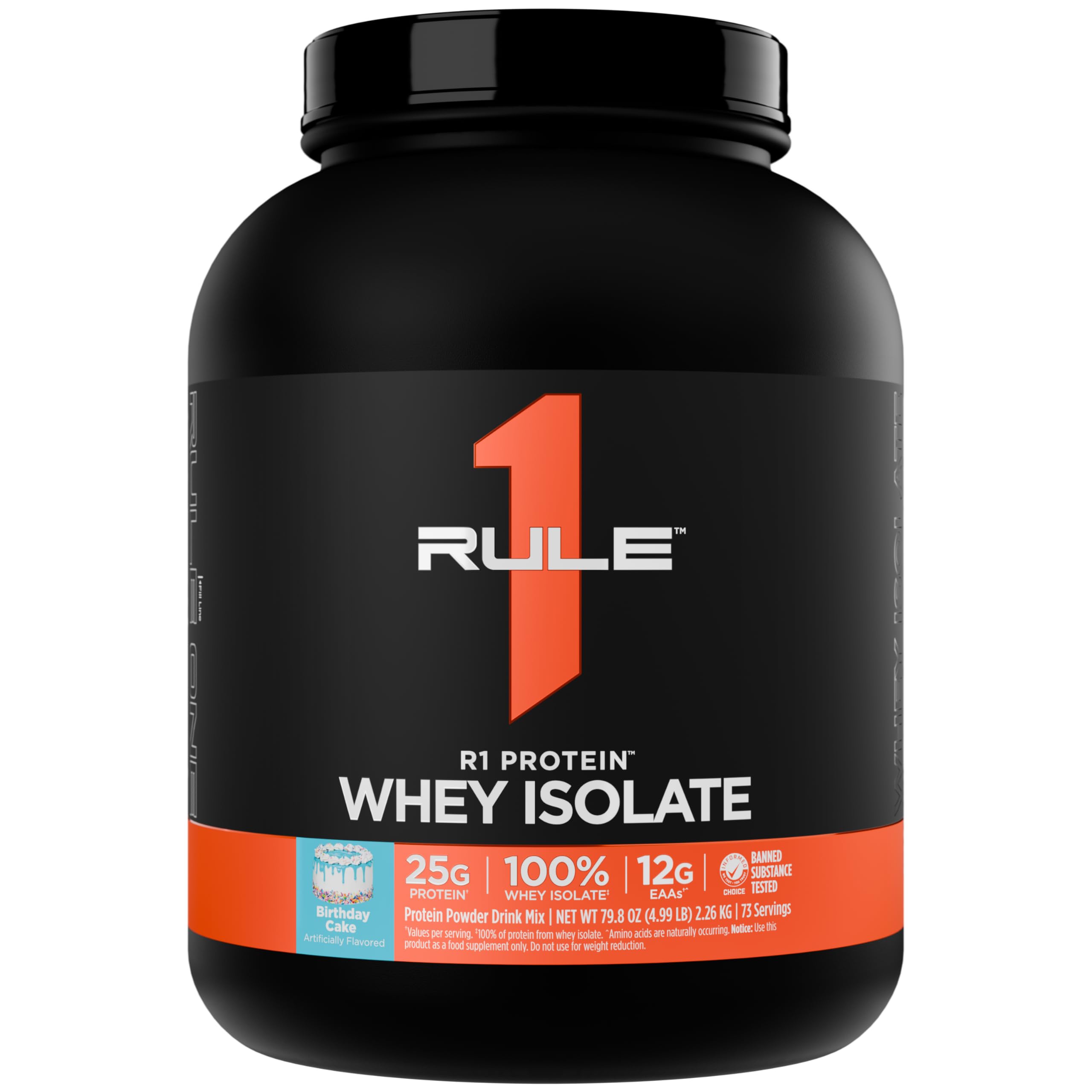 Rule 1 R1 Protein Whey Isolate front can in birthday cake flavor for a quick protein boost