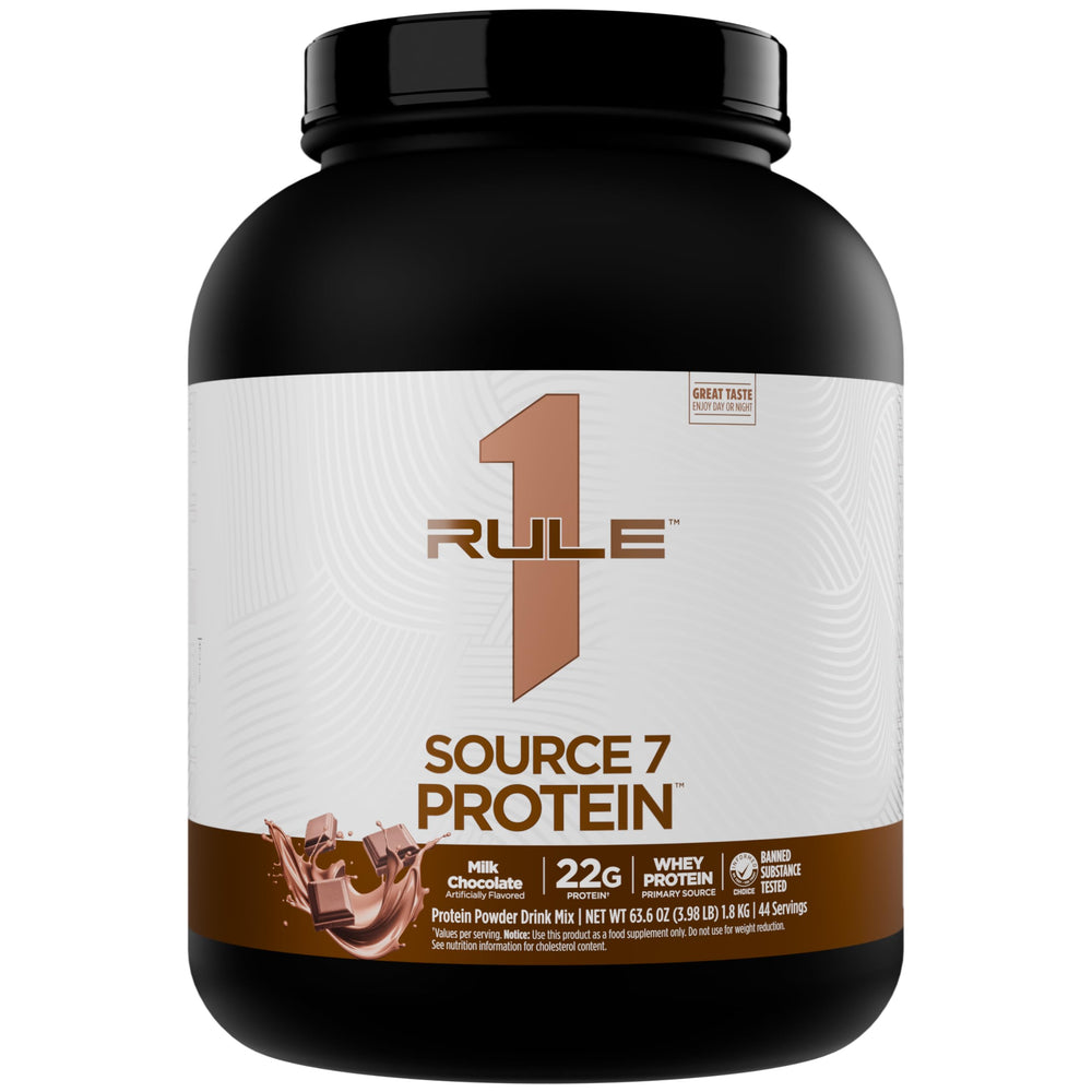 Rule 1 Source 7 Protein milk chocolate bottle shows rich flavor for post-workout shakes