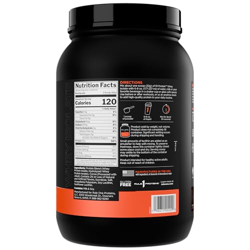 Rule 1 Whey Isolate Chocolate Fudge tub back highlights ingredients for informed choices.