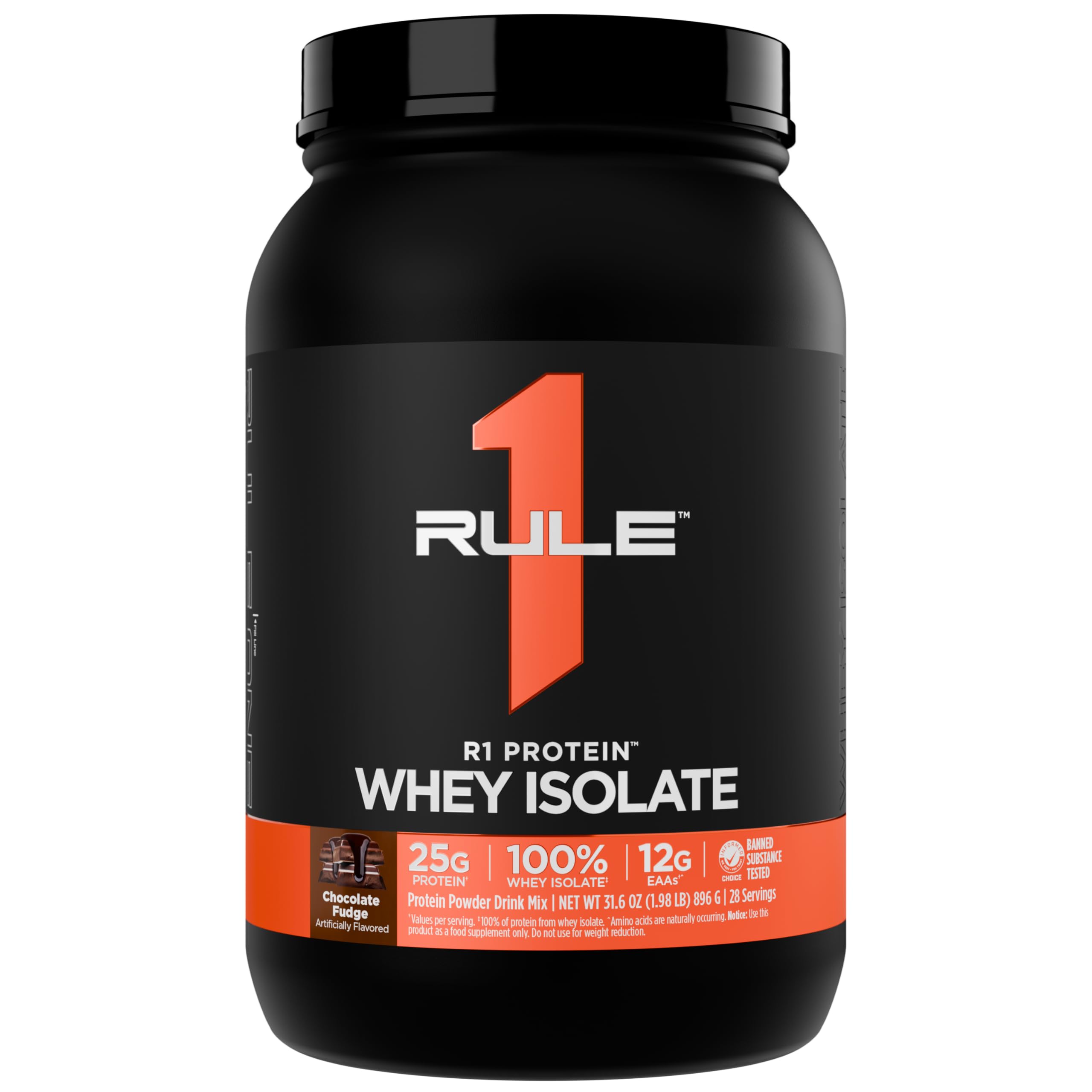 Rule 1 Whey Isolate Chocolate Fudge tub front promotes premium post-workout fueling.
