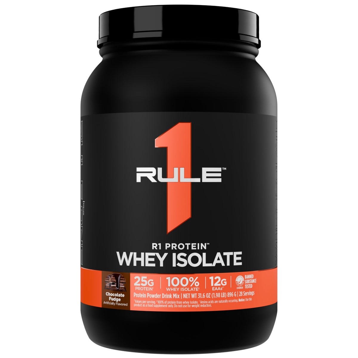 Rule 1 Whey Isolate Chocolate Fudge tub front promotes premium post-workout fueling.
