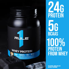 Rule 1 Whey Protein 2-pound tub on counter for daily use.