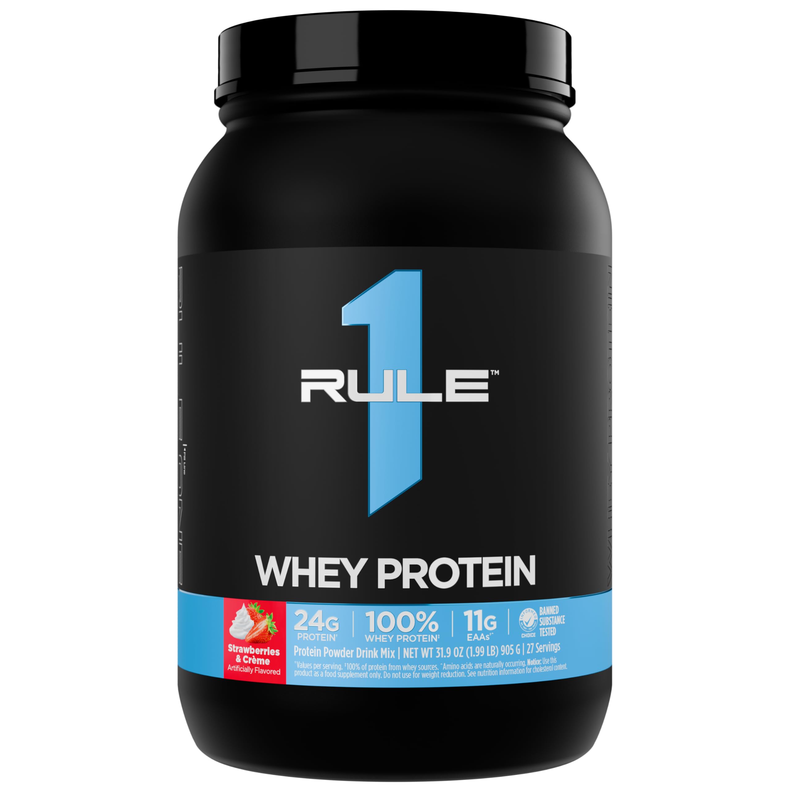 Rule 1 Whey Protein pour image showing 24g protein for post-workout recovery