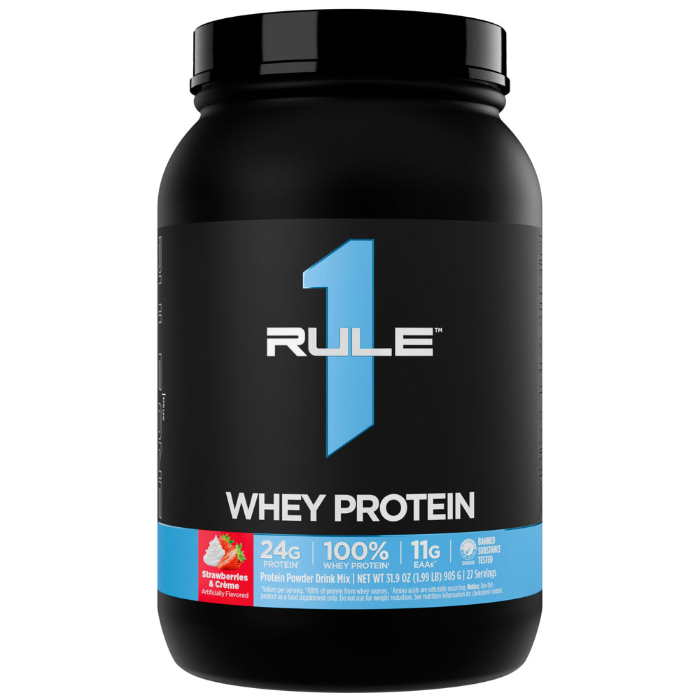 Rule 1 Whey Protein pour image showing 24g protein for post-workout recovery