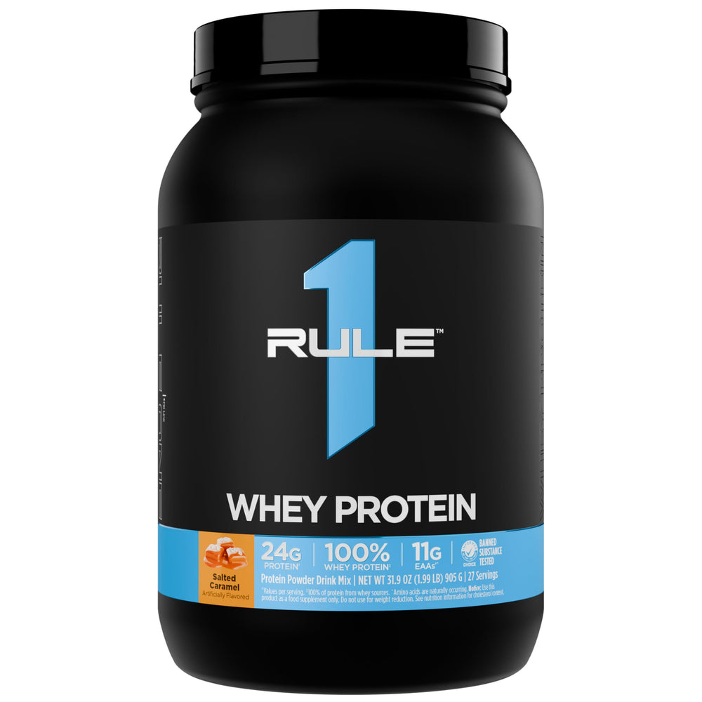 Rule 1 Whey Protein bottle showing 24g protein and complete amino acids for recovery