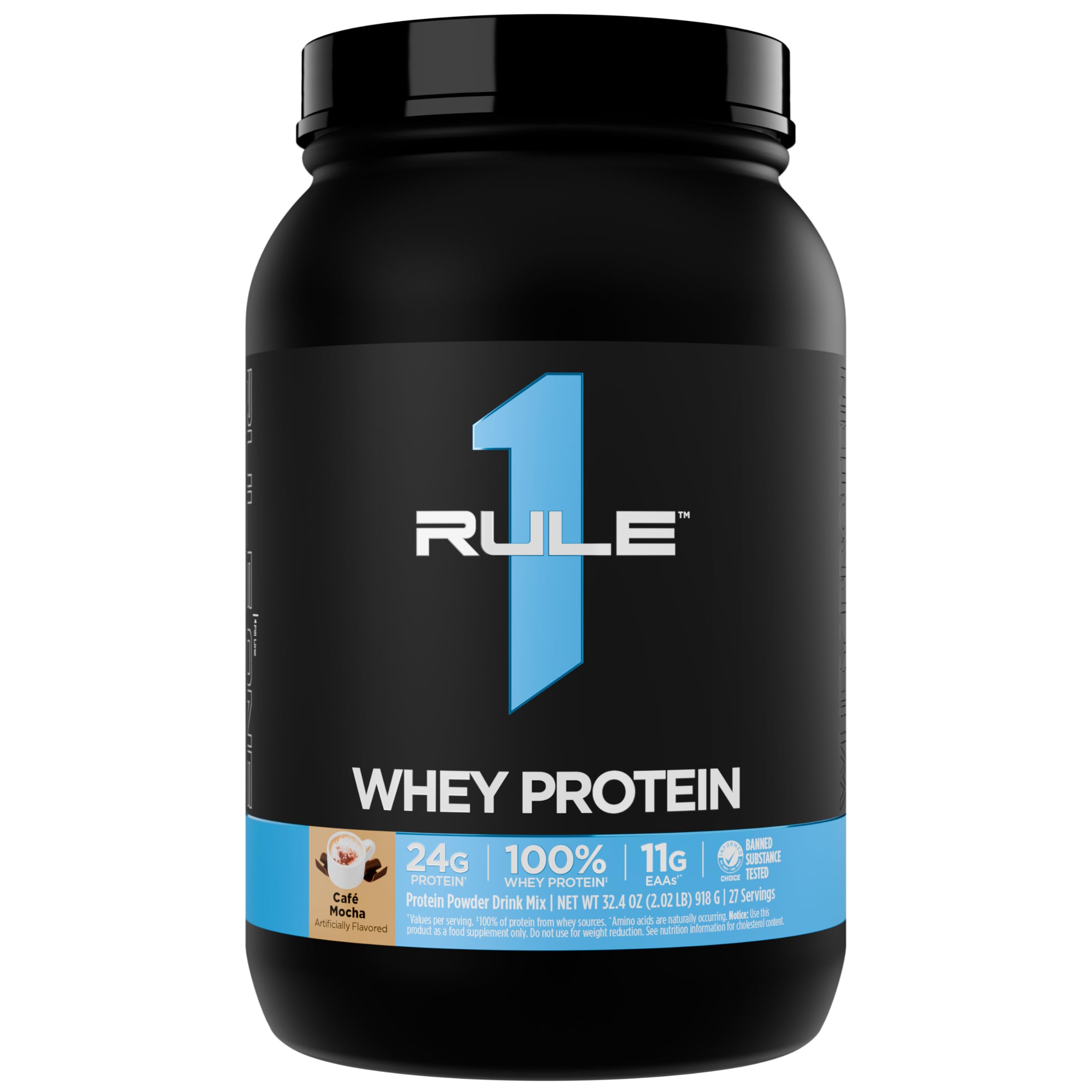 Rule 1 Whey Protein 24g serving pour for quick post-workout recovery.
