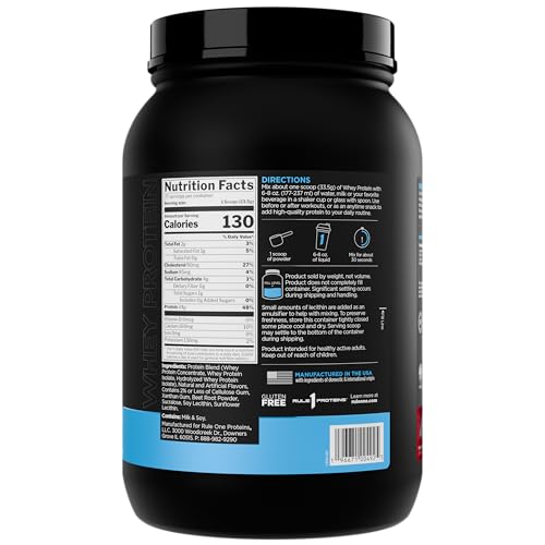Rule 1 Whey Protein 2 lb tub front highlighting premium whey blend