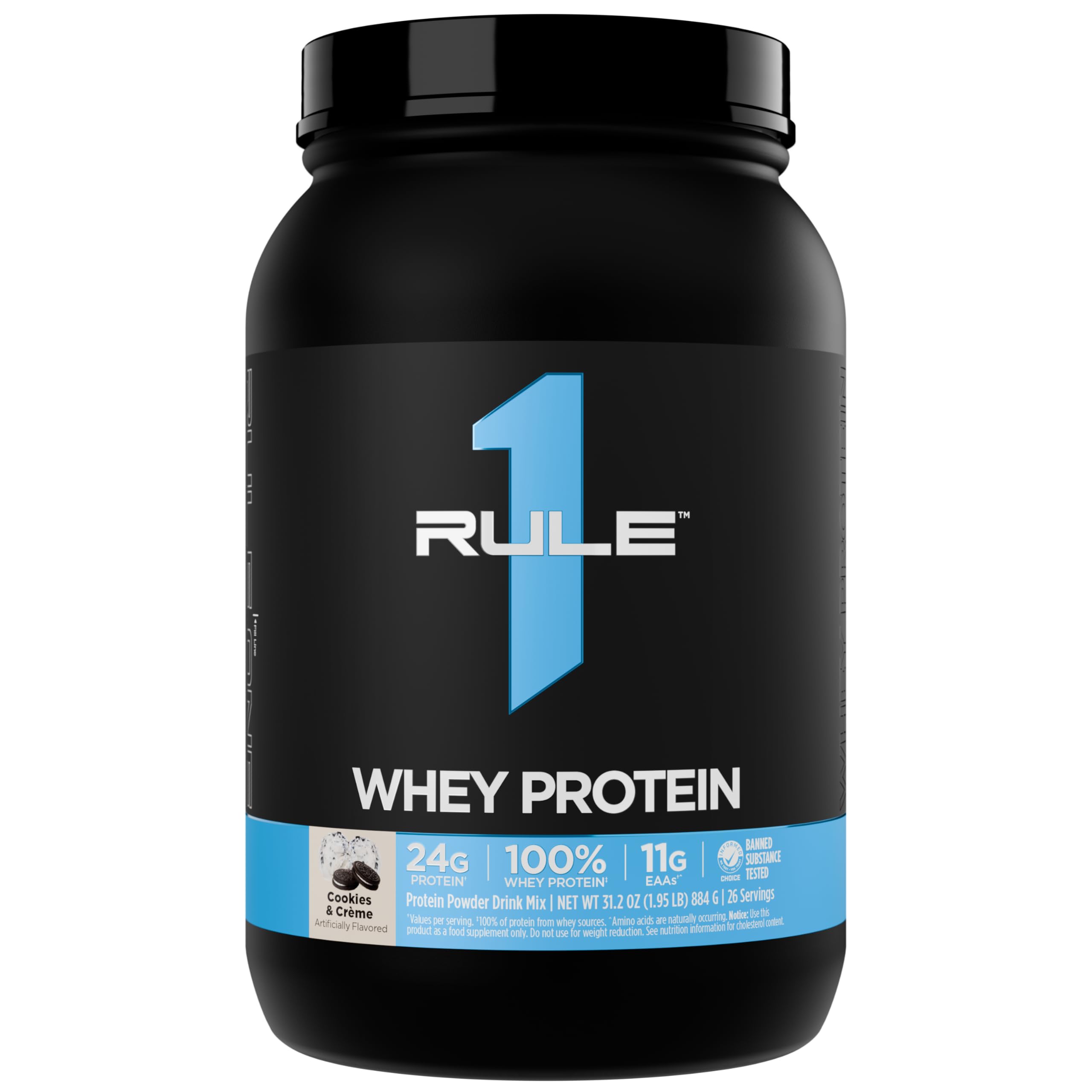 Rule 1 Whey Protein bottle with Cookies & Creme flavor for post-workout use
