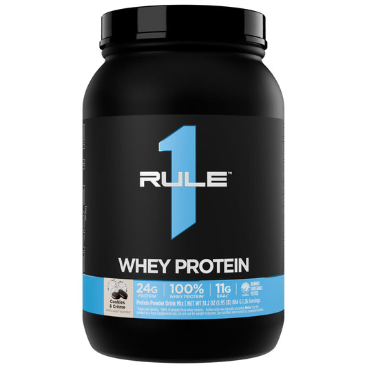 Rule 1 Whey Protein bottle with Cookies & Creme flavor for post-workout use