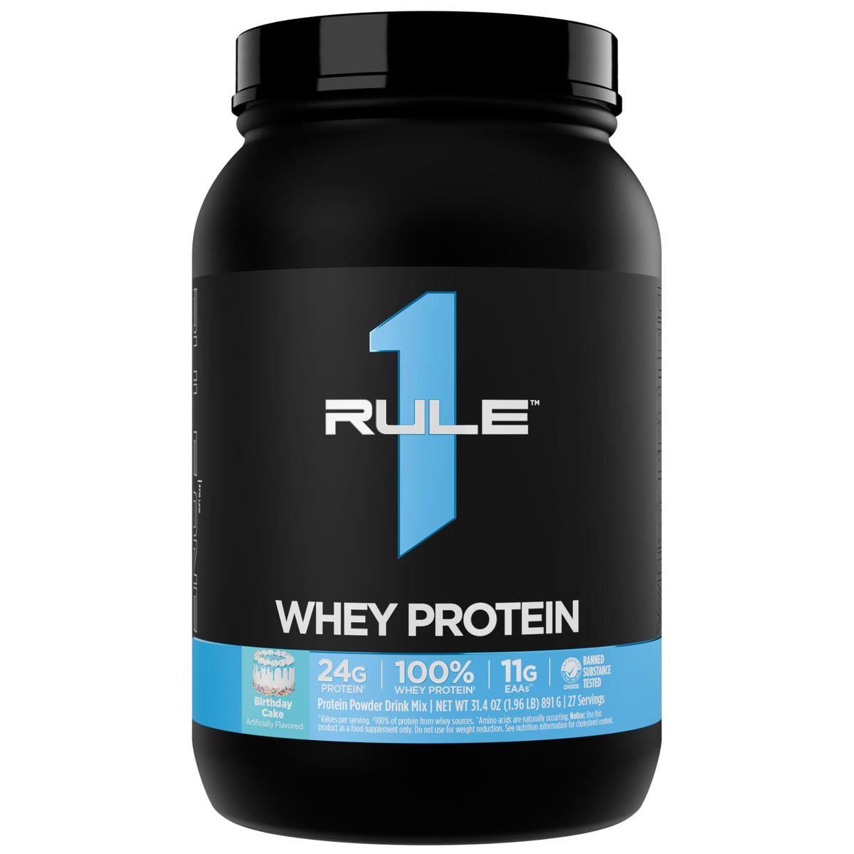 Rule 1 Whey Protein bottle front view ideal for post-workout shakes