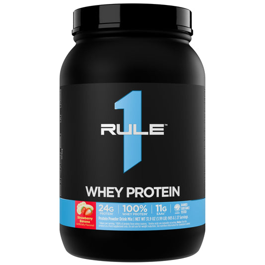 Rule 1 Whey Protein bottle label highlights 24 g protein per serving.