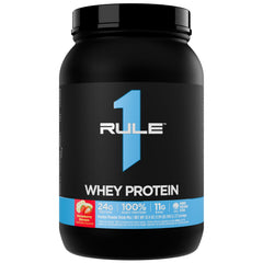 Rule 1 Whey Protein bottle label highlights 24 g protein per serving.