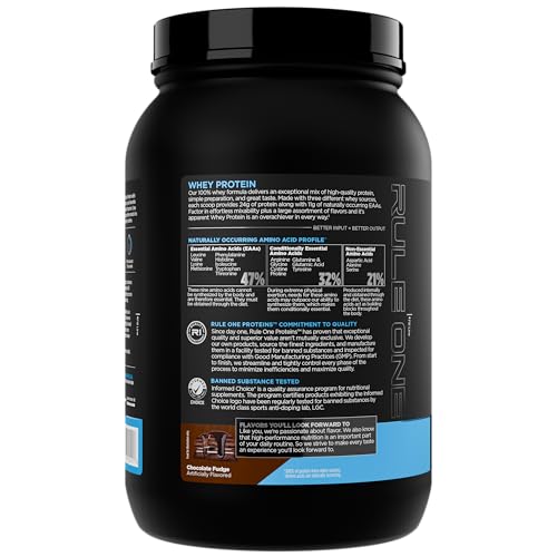 Rule 1 Whey Protein label closeup emphasizes EAAs and BCAAs for balanced amino intake