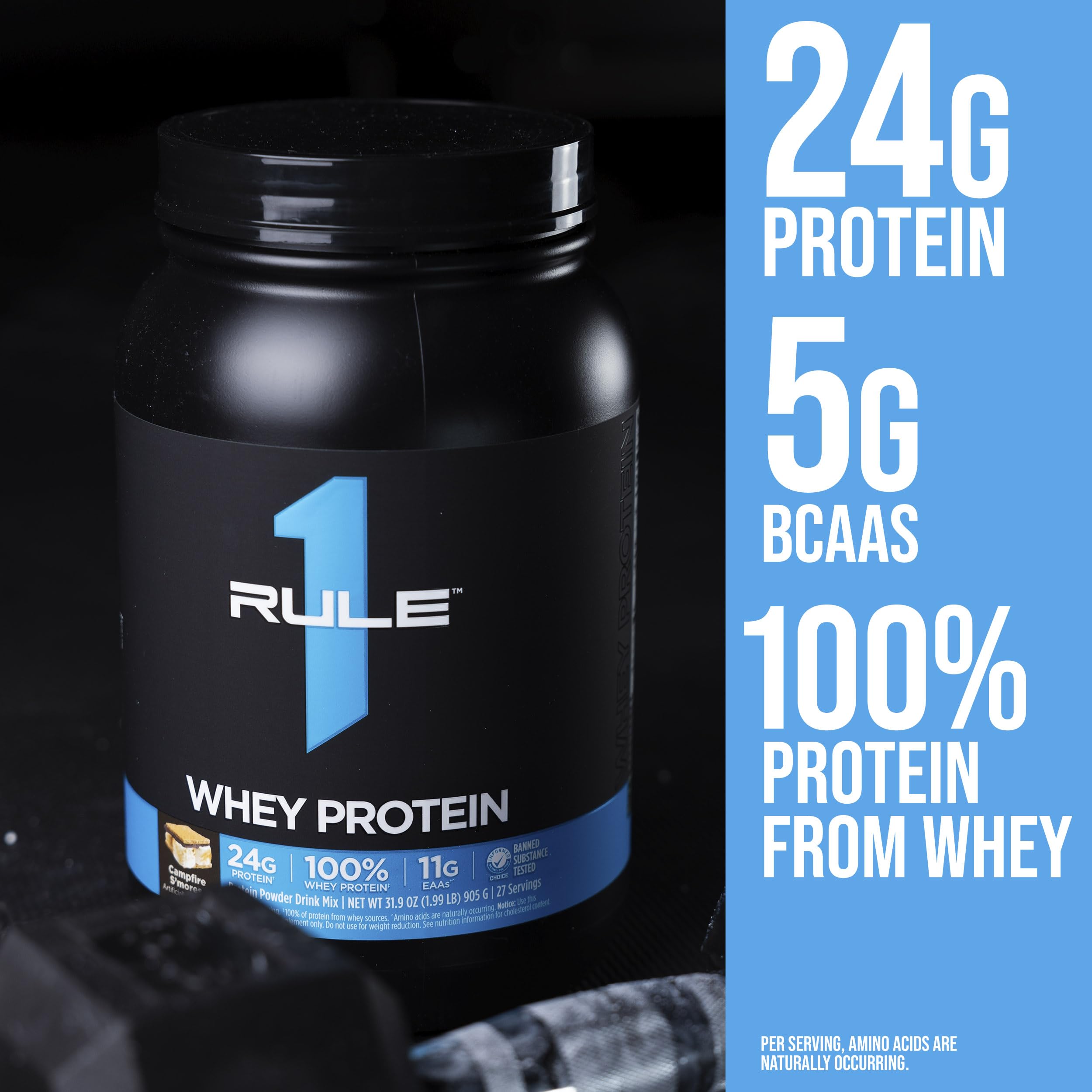 Rule 1 Whey Protein nutrition facts label emphasizes EAAs and BCAAs for balanced nutrition.