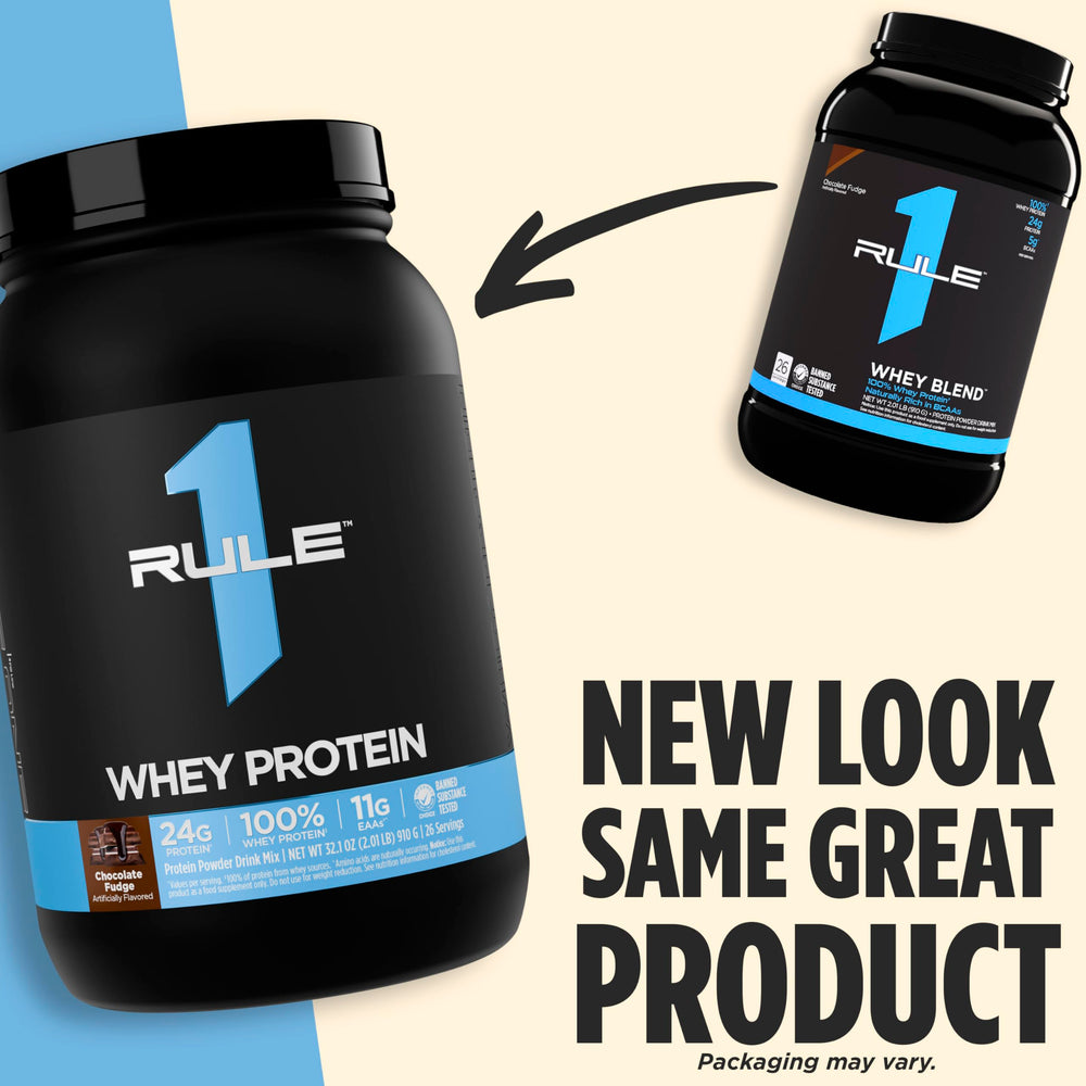Rule 1 Whey Protein powder pour highlights fast-acting milk chocolate flavor.