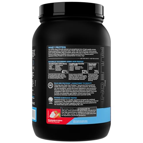 Rule 1 Whey Protein scoop with strawberries creme flavor for shakes