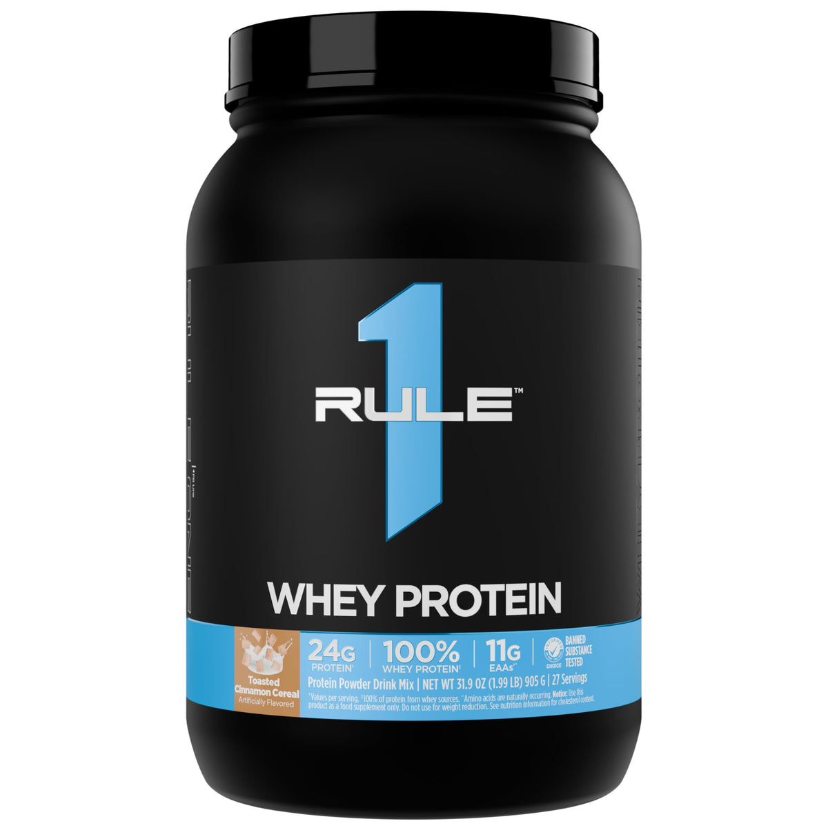 Rule 1 Whey Protein tub front view highlighting 24g protein per serving for workouts
