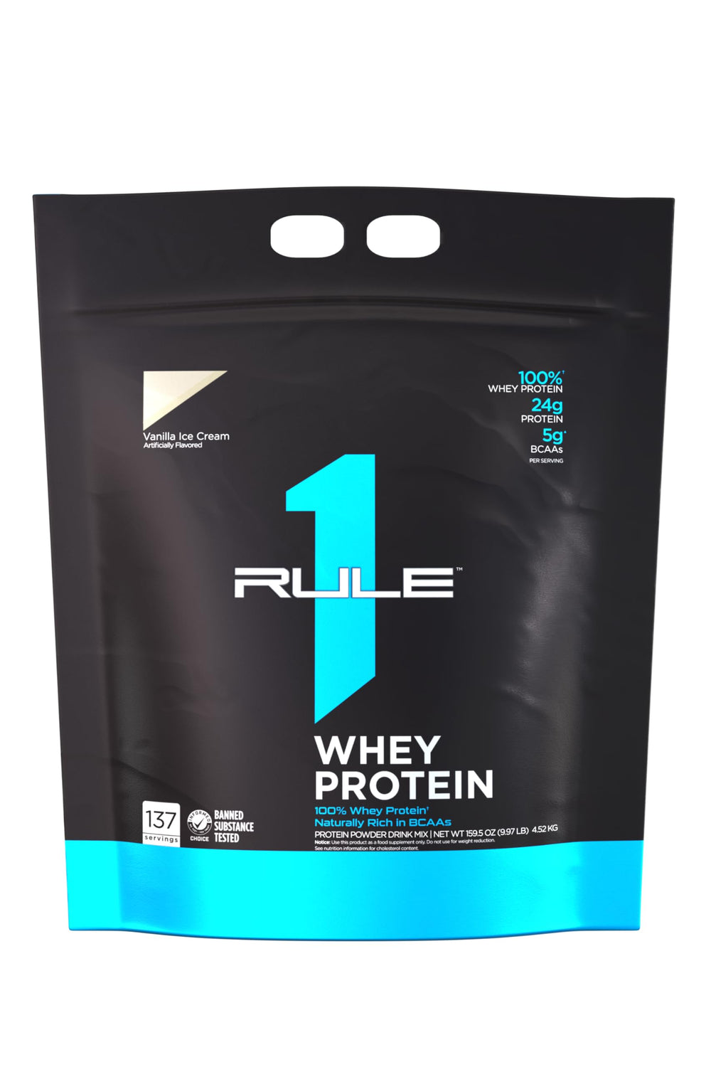 Rule 1 Whey Protein Vanilla Ice Cream 10 lb tub promotes post-workout recovery.