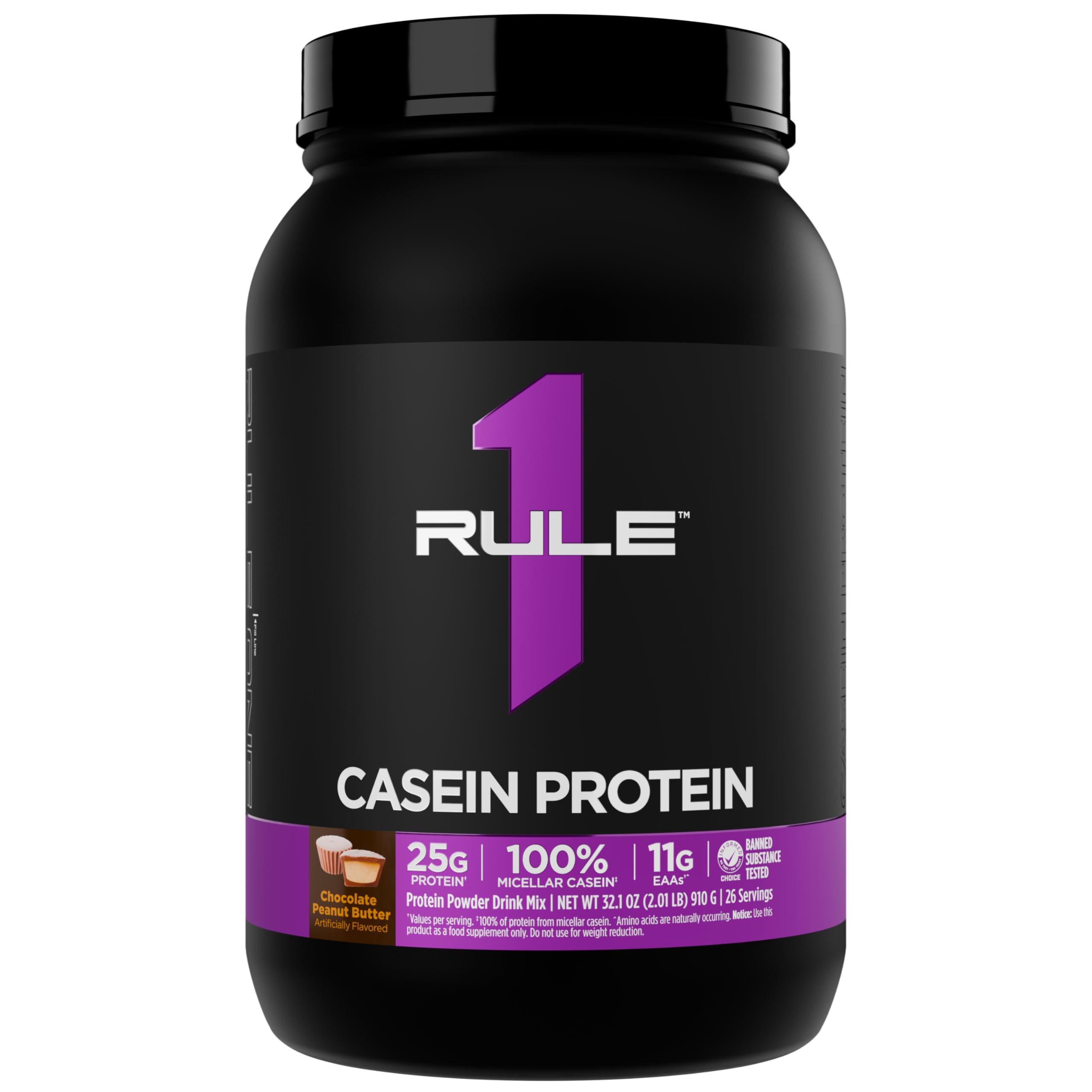 Rule 1 Casein Protein bottle for overnight recovery with slow-release nutrition.