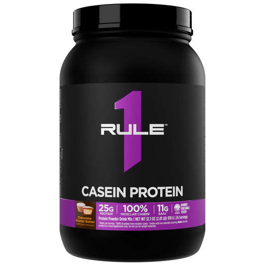Rule 1 Casein Protein bottle for overnight recovery with slow-release nutrition.