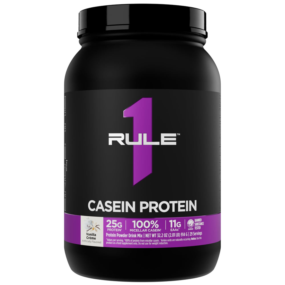 Rule 1 Casein Vanilla Creme bottle pour shows overnight recovery potential