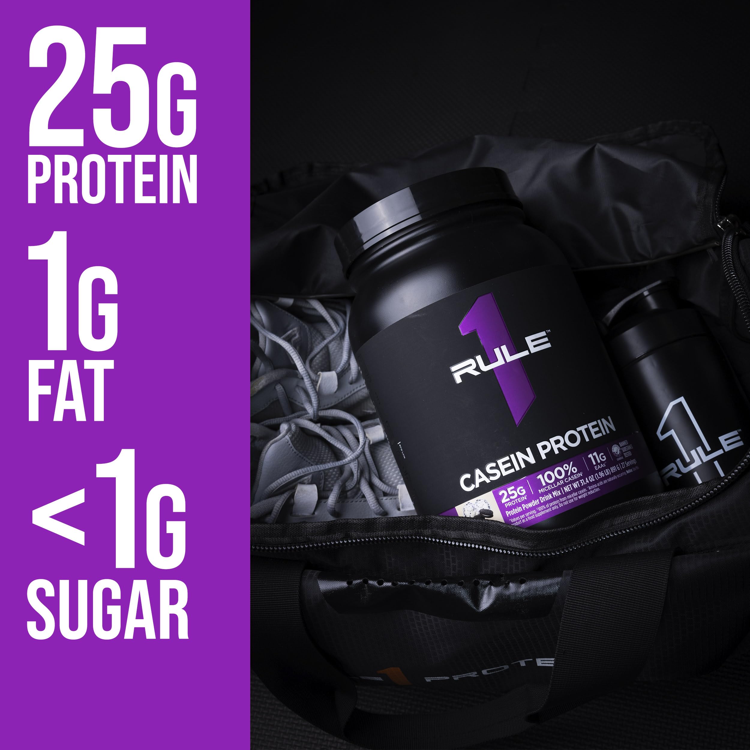 Rule 1 Casein Vanilla Creme tub stack emphasizes convenient protein source