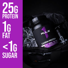 Rule 1 Casein Vanilla Creme tub stack emphasizes convenient protein source