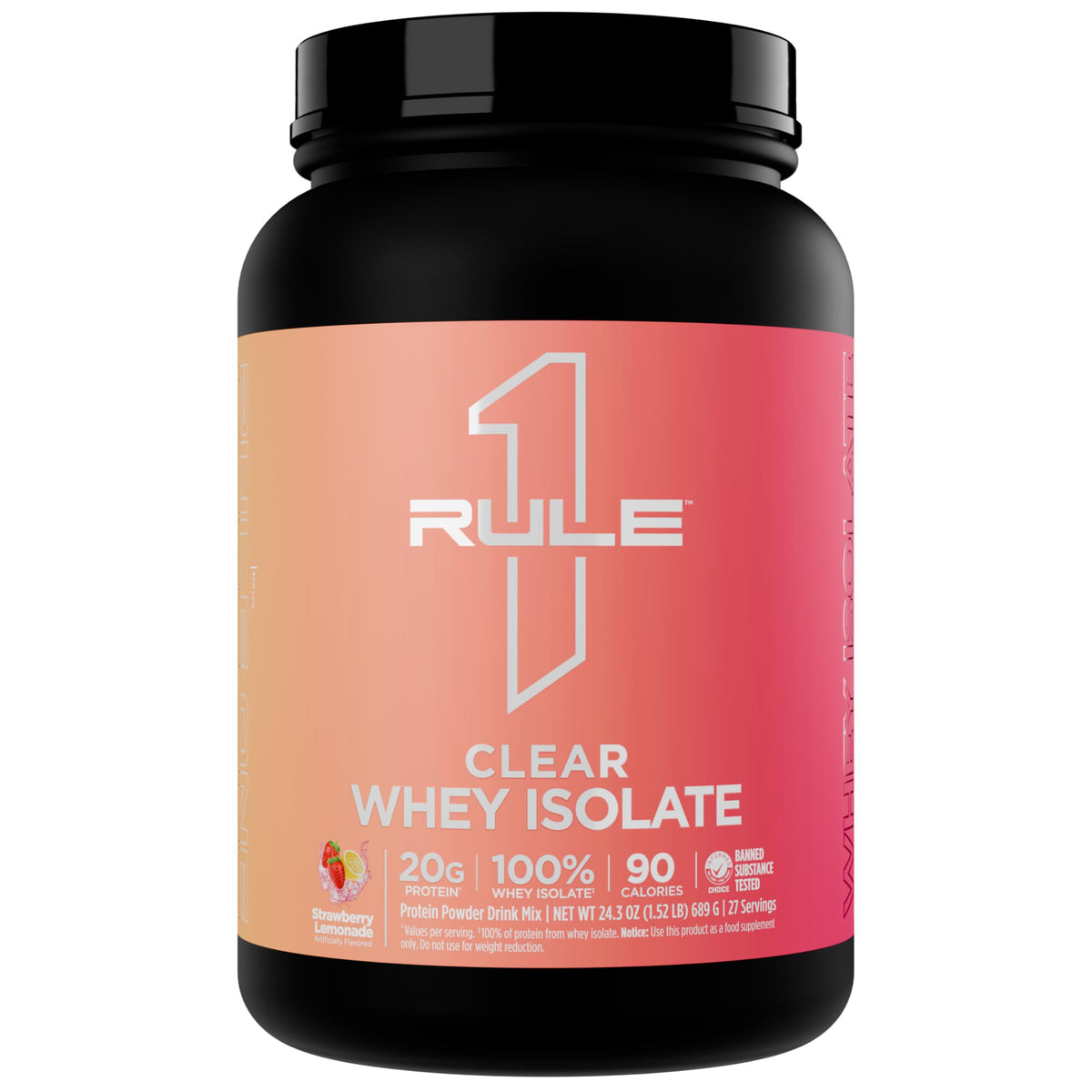 Rule 1 Clear Whey Isolate bottle in strawberry lemonade, ready to drink