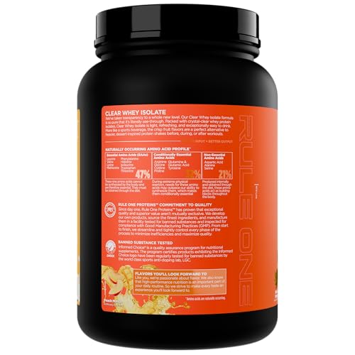 Rule 1 Clear Whey Isolate nutrition panel highlighting high protein and low carbs.
