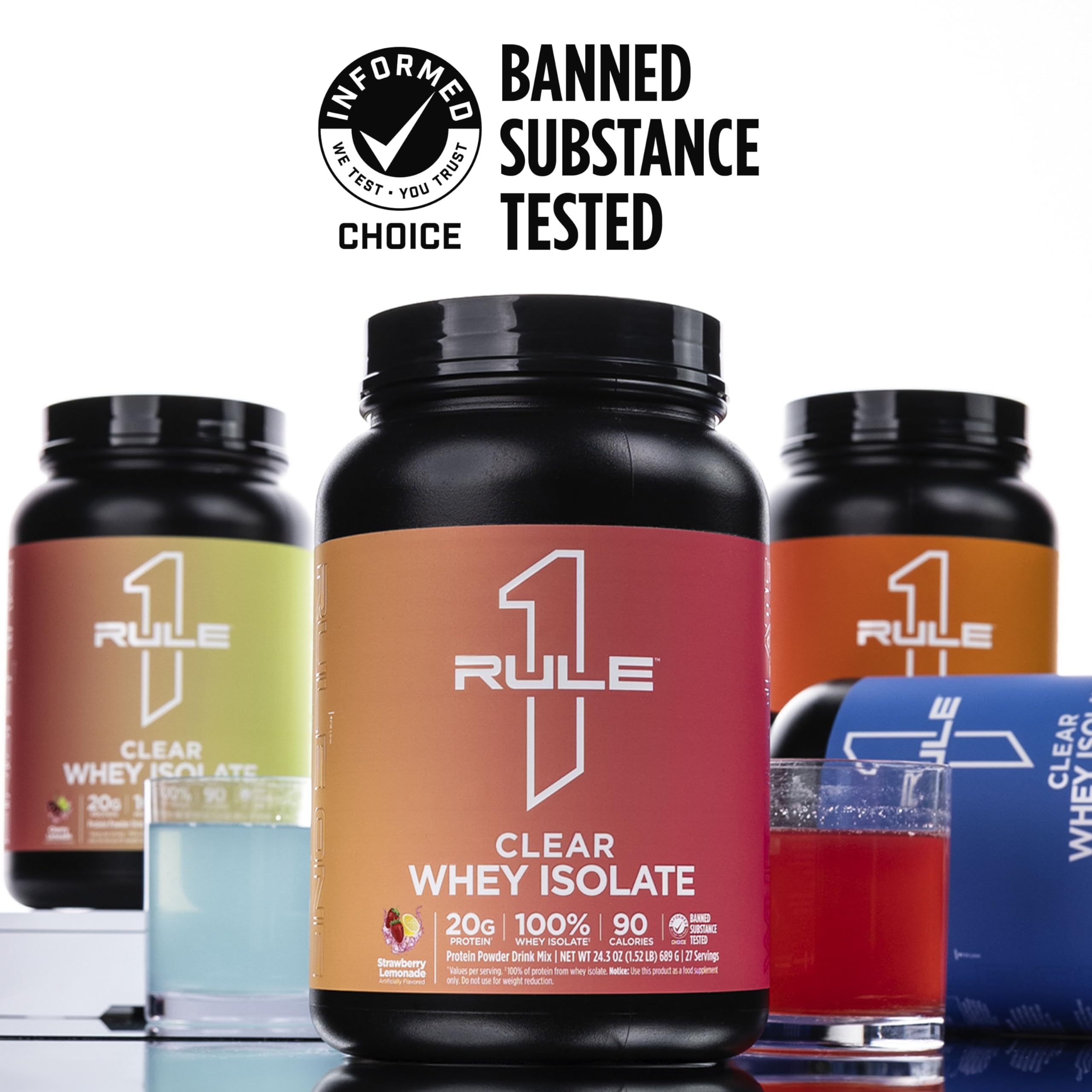 Rule 1 Clear Whey Isolate packaging displayed on shelf for easy identification