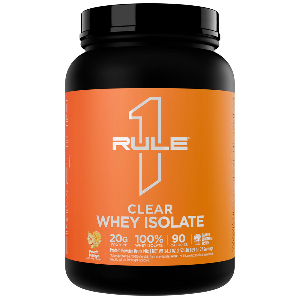 Rule 1 Clear Whey Isolate Peach Mango bottle, a refreshing post‑workout protein option.