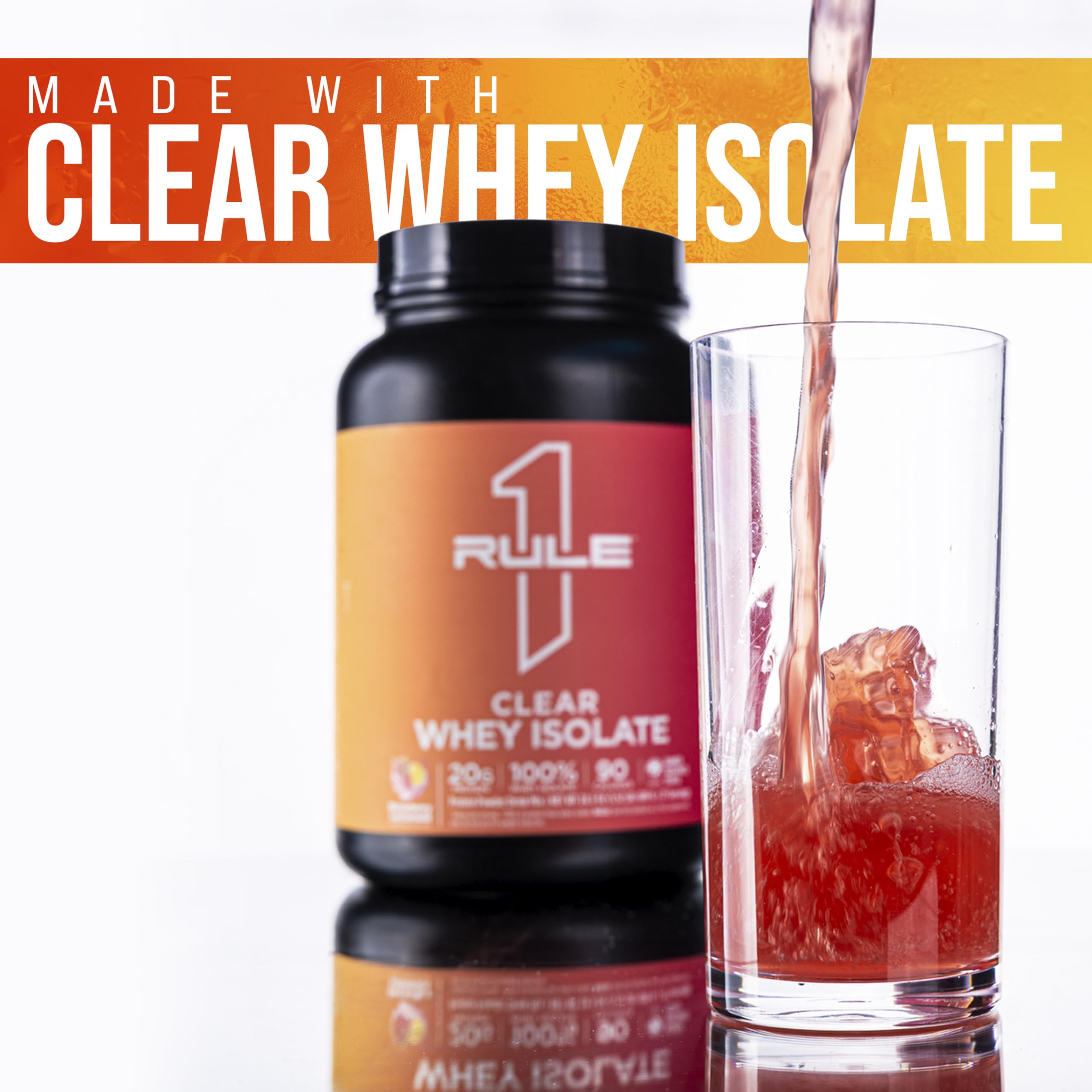 Rule 1 Clear Whey Isolate taste splash highlights fruity aroma and light finish.